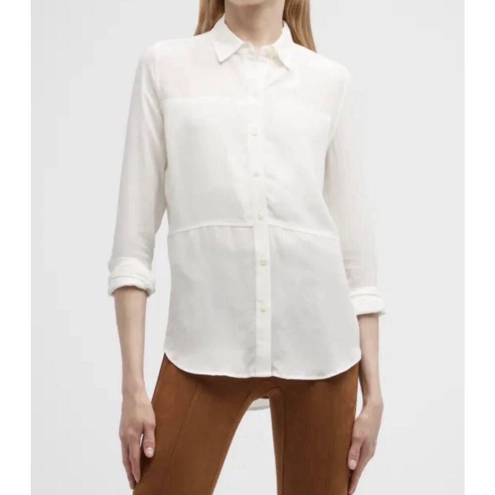 Spanx Women's Size M Ivory Silk Long Sleeve Button Up Shirt Blouse Career